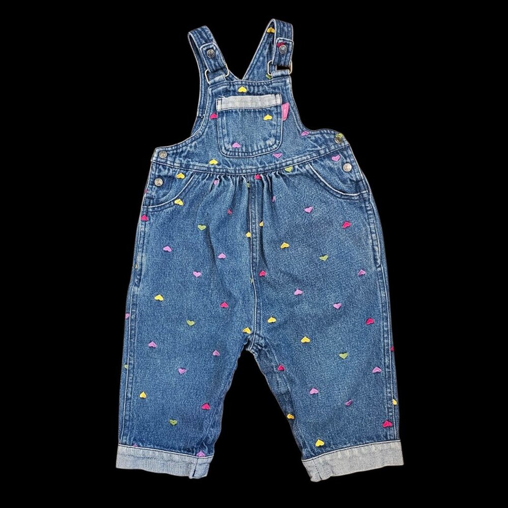 VTG Carters Girls Denim Jean Overalls Bibs‎ Embroidered Hearts Sz 18-24 Months